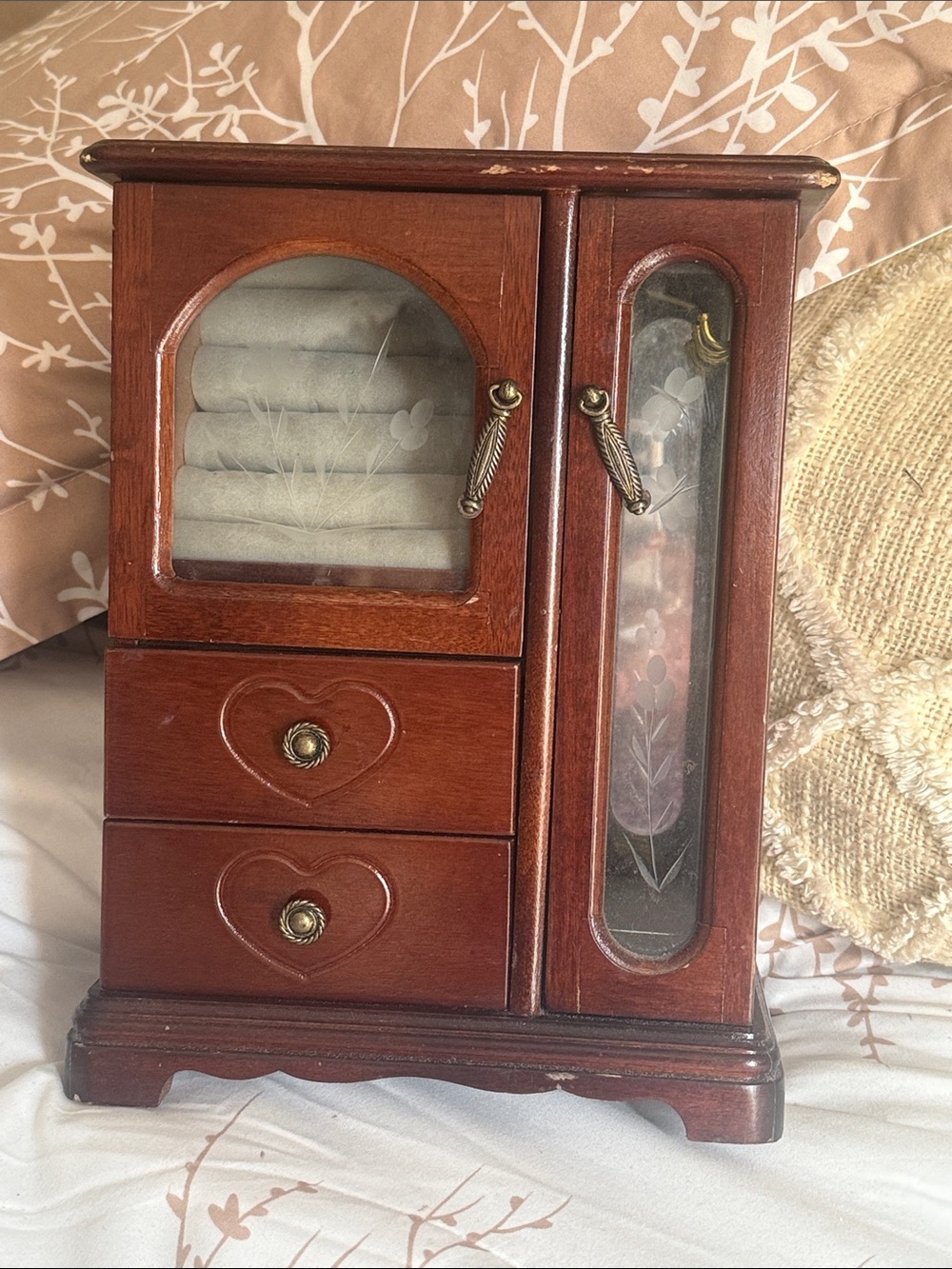 Vintage Wooden Jewelry Armoire Cabinet - Brown